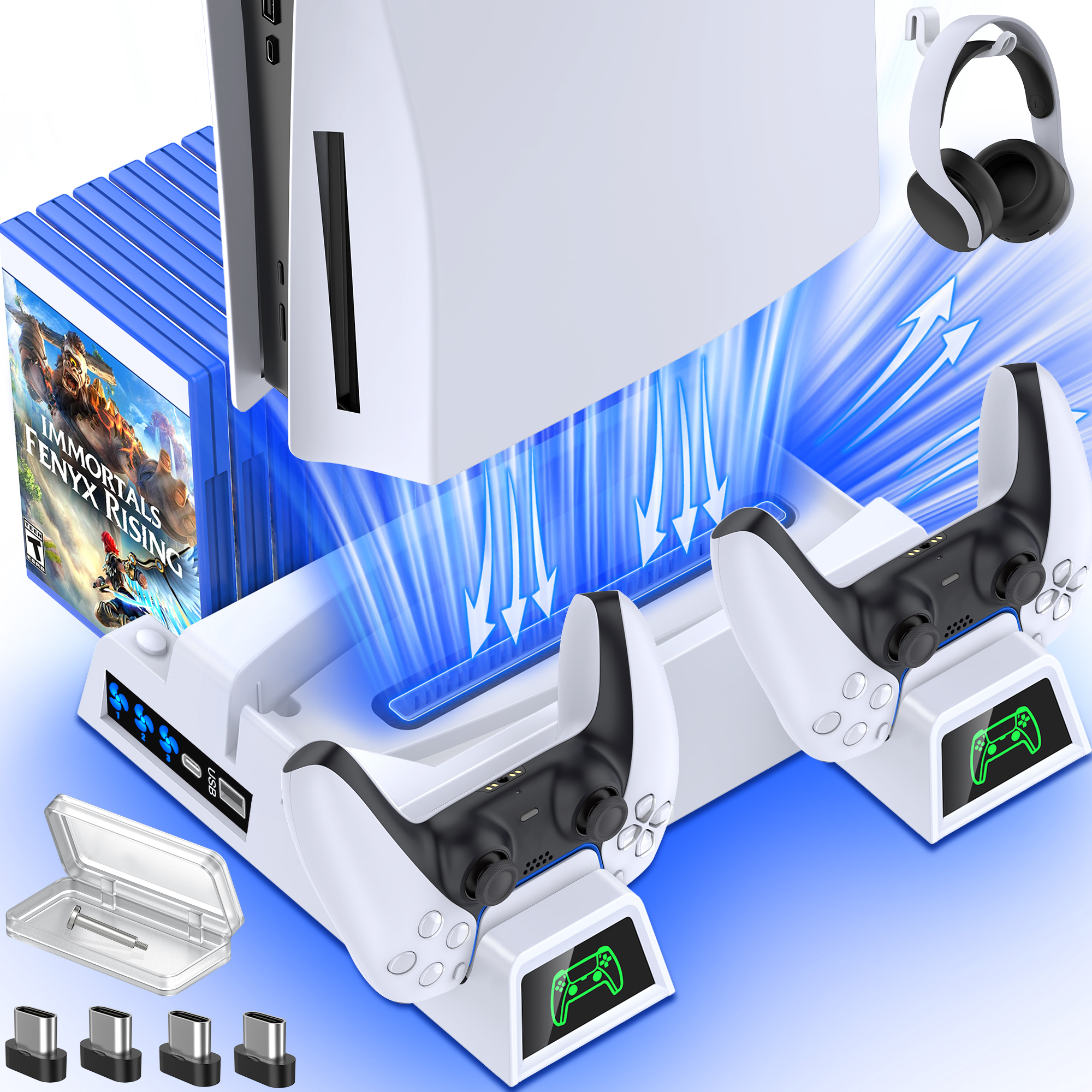 Suporte vertical para Playstation 5 com estação de carregamento por  ventilador de resfriamento para PS5 Digital Edition/Console Ultra HD, com